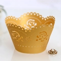 Elegant laser-cut gold cupcake wrapper with intricate rose and heart hollow patterns - Gold
