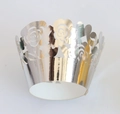 Detail showing laser-cut silver rose cupcake wrapper with elegant hollow-out design - Silver