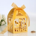 Golden laser-cut bird and heart favor box with matching ribbon for weddings - Gold