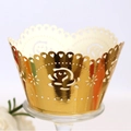 Laser-cut golden cupcake wrapper with elegant rose patterns and heart shaped edges - Reflective Gold
