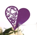 Marque-place cœur violet avec découpe laser florale pour décoration de verre mariage - Violet foncé