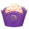 Purple laser-cut cupcake wrapper with heart edges and flower pattern on a cake - Dark Purple