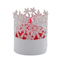 White hollow snowflake candle sleeve with a red pillar candle inside for Christmas decor - White