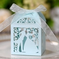 Light blue laser-cut wedding candy box featuring a bride and groom silhouette with ribbon - Pearl Pale Blue