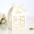 Pearlescent white bird hollow candy box with silk ribbon for wedding and baptism - Ivory
