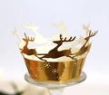 Detailed laser-cut golden reindeer cupcake wrapper with shiny metallic finish - Reflective Gold