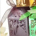 Laser cut wedding favor boxes with bride and groom silhouette in purple, gold, and green - Charcoal Silver with Black Ribbon