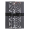 Elegant dark grey laser-cut wedding invitation with floral patterns and a black satin bow - Black