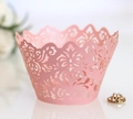 Detailed laser-cut pink filigree cupcake wrapper with delicate floral patterns for weddings - Pink