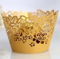 Detailed laser-cut rose pattern on metallic gold cupcake wrapper with matte finish - 5cm / Gold