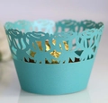 Detail of teal laser-cut rose lace cupcake wrapper with decorative floral patterns - 5cm / Tiffany Blue