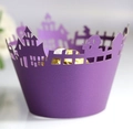 Detail of laser-cut purple Halloween cupcake wrapper with haunted castle and ghost silhouettes - Dark Purple