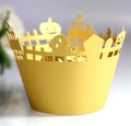 Detailed laser-cut gold Halloween cupcake wrappers with pumpkin and castle patterns - Gold