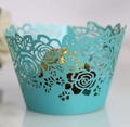 Laser cut rose hollow cupcake wrapper in light blue for wedding and party decorations - 5cm / Turquoise Blue