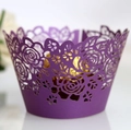 Purple laser cut rose cupcake wrappers with intricate floral hollow design for party décor - 5cm / Dark Purple