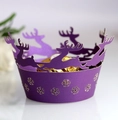 Purple laser cut reindeer cupcake wrapper with golden snowflakes for Christmas party - Dark Purple