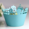 Laser-cut Halloween cupcake wrappers featuring spooky castles and blue pearlescent paper - Tiffany Blue