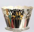 Close-up of laser-cut rose hollow cupcake wrappers in reflective metallic silver finish - 5cm / Reflective Silver