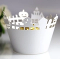 Laser-cut Halloween cupcake wrapper with white paper castle and pumpkin details - White
