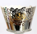 Close-up of laser-cut rose hollow cupcake wrapper with silver metallic finish texture - 5cm / Reflective Silver