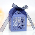 Navy blue laser cut candy box with elegant floral pattern and silk ribbon bow for wedding - Sapphire Blue