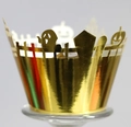 Golden laser-cut Halloween cupcake liners with ghost castle and pumpkin patterns - Reflective Gold
