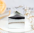 Detail of silver mirror wedding favor box with laser-cut butterfly on a decorative plate - Reflective Silver