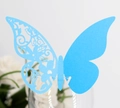 Blue laser-cut butterfly place card with floral hollow pattern on glass rim detail - Sky Blue