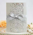 Champagne silver laser-cut hollow invitation sleeve with ribbon and inner card - Silver