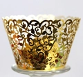 Macro shot of laser-cut cupcake wrappers with pink vine pattern and gold metallic finish - 5cm / Reflective Gold