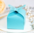 Detail der hellblauen Gastgeschenk-Box mit lasergeschnittenem Schmetterling auf dem Teller - Tiffany Blau