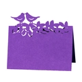 Detail of purple pearlescent laser cut place card featuring birds and tree design - Dark Purple