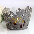 Detailed laser-cut silver butterfly cupcake wrapper with intricate pearlescent paper hollow design - Silver Charcoal