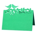 Detail of laser-cut mint green wedding place card featuring intricate bird and leaf patterns - Dark Green