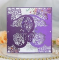 Detail of purple laser cut wedding invitation with intricate floral lace and inner card - Dark Purple