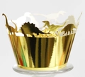 Close-up of golden dinosaur silhouette cupcake wrappers with shiny metallic mirror finish - Reflective Gold