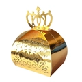 Detailed view of golden crown favor box with laser-cut hollow patterns for weddings - Reflective Gold