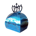 Detail of blue laser-cut wedding candy box with an elegant crown handle and wave patterns - Reflective Blue