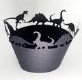 Bords de cupcake noirs découpés au laser avec silhouettes de dinosaures T-Rex et Tricératops - Noir Perlé