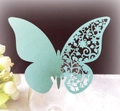 Detail of 3D laser-cut butterfly cup card in mint green pearl paper on glass rim - 50 Pieces / Teal Blue