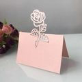 Pink pearlescent paper place card with laser-cut rose design for wedding table - Pink Hollow Rose (XWK-23)