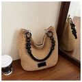 Bolso tote de tejido caqui hecho a mano con asas de cuentas negras y estilo bohemio - Caqui