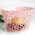 Pink laser-cut filigree cupcake wrappers with elegant vine pattern for party decoration - Pink