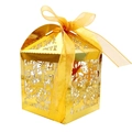 Golden laser-cut wedding candy box with floral patterns and matching ribbon tie - Reflective Gold