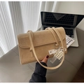 Beige shoulder bag with wrinkled texture and heart pearl pendant in a minimalist style - Khaki (With Charm)