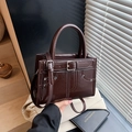Chocolate brown patent leather mini satchel bag with top handle and crossbody strap - Brown