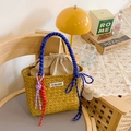 Straw bucket bag with colorful woven handle and drawstring liner for summer vacation - Blue