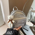 Mini silver metallic backpack with crinkled texture and plush bear charm decoration - Silver