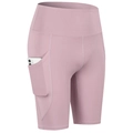 Pantaloncini yoga rosa a vita alta con tasca laterale per telefono e tessuto elastico - S / Rosa Viola