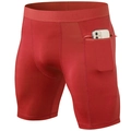 Men's high-stretch athletic shorts in deep red with hidden zipper pocket for phone - S / Bottoms / Red